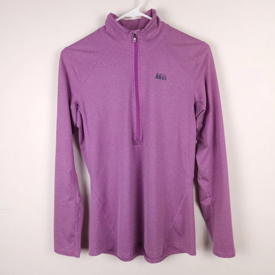 Pullover REI Mujer Medio Púrpura Rayas 1/4 Cremallera Poliéster Spandex Cuello Simulado Foto 1 de 4