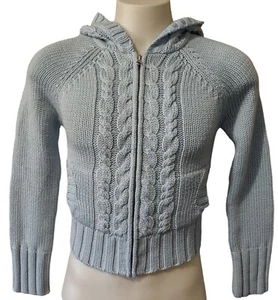 Arizona Hooded Sweater Youth Girls Large Full Zip Pockets Cable Knit Ribbed Blue - Picture 1 of 17