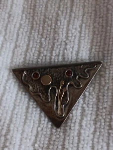Spilla astratta modernista vintage artigianale argento sterling 14 carati granati - Foto 1 di 5