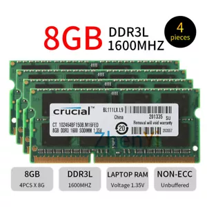 Crucial 32GB 4x 8GB DDR3L 1600MHz PC3L-12800S 204Pin 1.35V SODIMM Laptop Memory - Picture 1 of 6