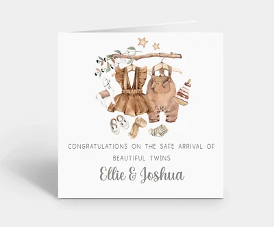 Personalised Twins Card  Baby Arrival Congratulations Boy & Girl - Boho Neutral - Image 1 of 2