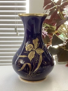 Vintage Royal Porzellan Bavaria KPM Germany Cobalt Blue, Gold Iris Floral Vase - Picture 1 of 11