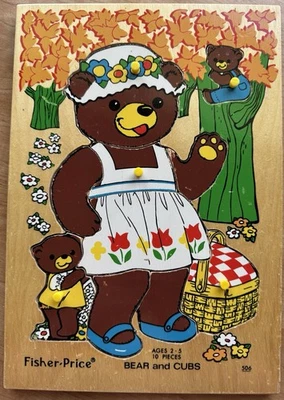 Vintage FISHER-PRICE "Bear and Cubs" wooden peg puzzle #506, complete, FREE ship - Image 1 of 3