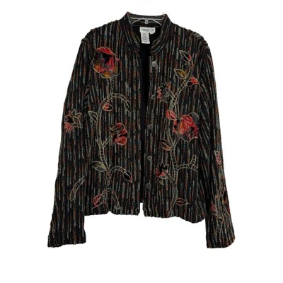 Chaqueta de Chenilla Coldwater Creek Negra Rayas Coloridas Talla XS Forrada Floral Foto 1 de 4