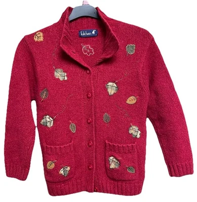 Tulchan Pure Wool Knitted Cardigan Red Autumnal Embroidered Size S But More XS - Image 1 of 4