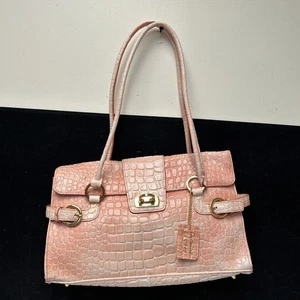 Lord And Taylor Croc Embossed Leather Shoulder Bag Gold Hardware Pink - Picture 1 of 13