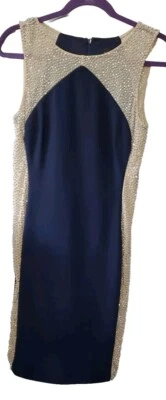 Vestido Xscape azul marino y tostado, plateado con cuentas laterales cremallera trasera. Bodycon elástico talla 6 Foto 1 de 4