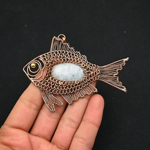 Rainbow Moonstone Copper Wire Wrapped Handmade Fish Pendant Jewelry Gift For - Foto 1 di 4
