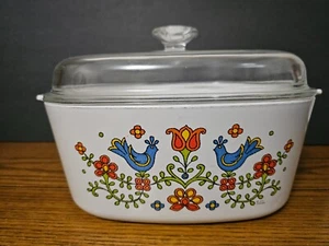VINTAGE CORNING WARE A-5-B 5QT.(1975) COUNTRY FESTIVAL BLUEBIRDS CASSEROLE/LID - Picture 1 of 11
