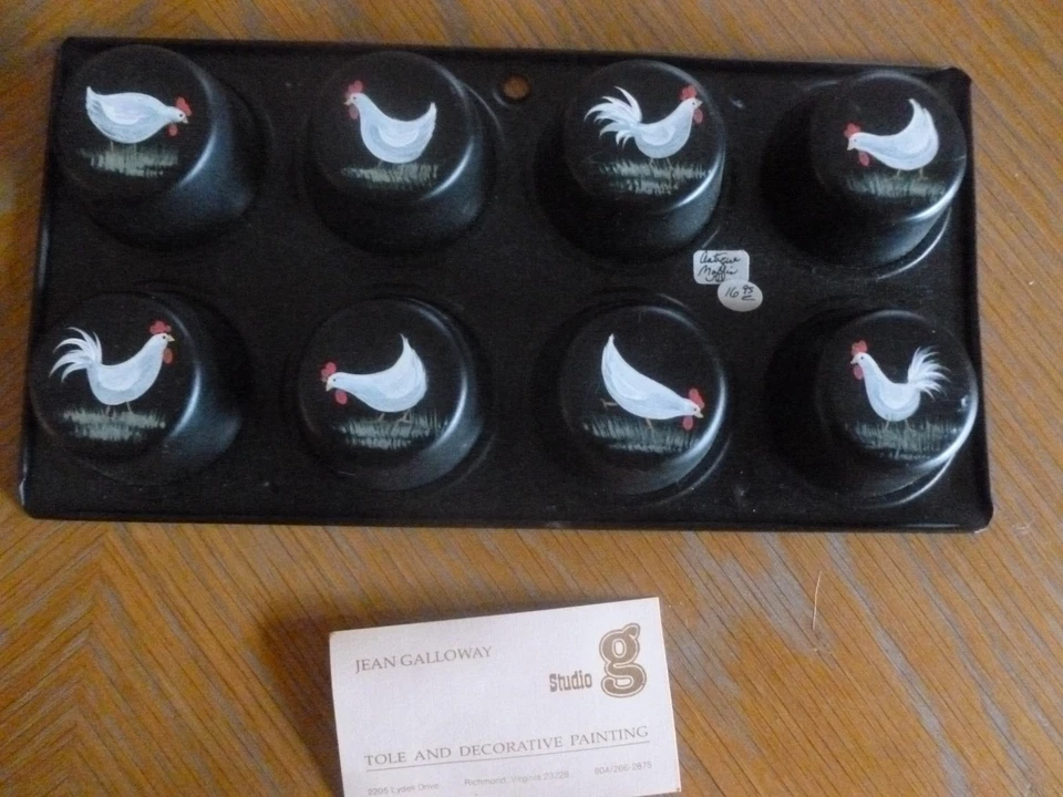 Primitive/Antique muffin  pan tole painting of chickens - Image 1 of 4