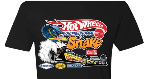 Don THE SNAKE Prudhomme 1972 Rear Engine HOT WHEELS 2XL YELLOW FEATHER BK TShirt Cover