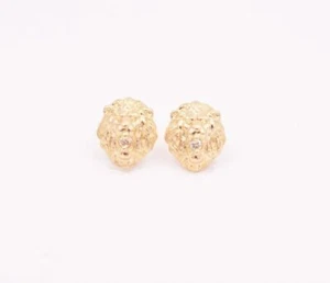 Small Roaring Lion Head CZ Stud Earrings Real Solid 10K Yellow Gold 1.40 grams - Picture 1 of 4