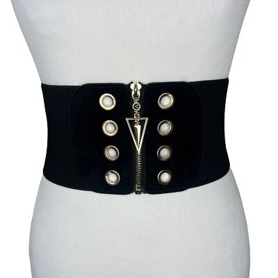 "Corsé negro cintura ancha cincha cinturón elástico S M dorado cremallera ojales 28""-34""" Foto 1 de 4