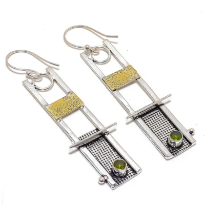Two Tone - Peridot Gemstone 925 Sterling Silver Earring 2.7" E530 - Image 1 of 4