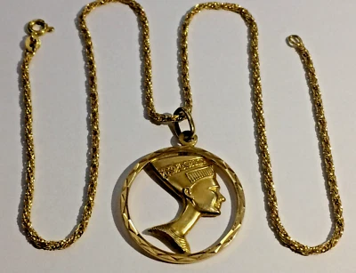 CADENA CUERDA ORO 18CT Y COLGANTE CABEZA EGIPCIA NEFERTITI GRANDE, 10,45 GRAMOS, LOTE Foto 1 de 4
