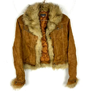 Vintage Y2K Bebe Women's Leather Jacket Medium Brown Faux Fur - Picture 1 of 8