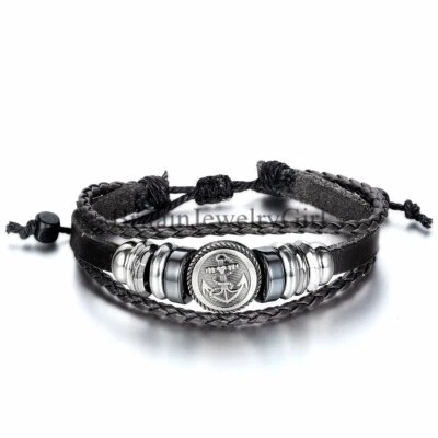 Hombres Mujeres Multicapa Ancla Dije Cuero Pulsera Brazalete Pulsera Ajustable Foto 1 de 4