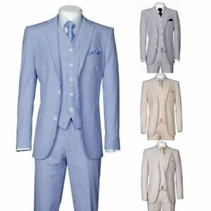 Executive Fit Striped Seersucker Suit 2-Button Single Breasted 3-PC w/Vest&pants