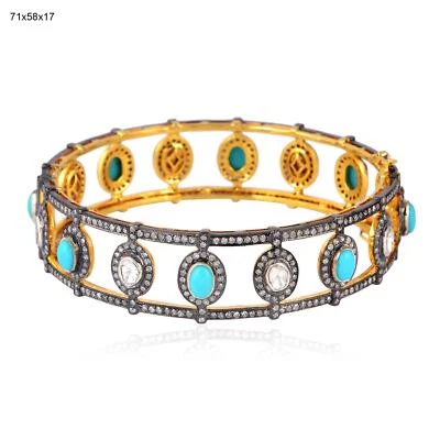 Bracciale A Bangle Con Diamante E Turchese Da 3,55 Ct In Argento Sterling 925 - Immagine 1 di 4
