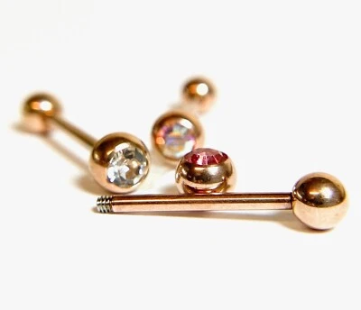 Anillo de lengua de acero quirúrgico 316L enchapado en iones de oro rosa bola gema 1 pieza barra de salón Foto 1 de 4