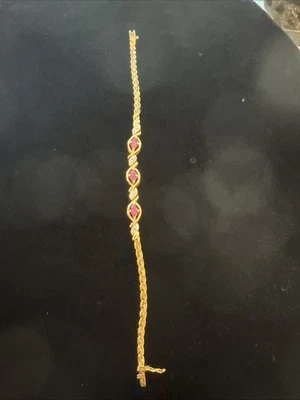 PULSERA VERMEIL PLATA ESTERLINA RUBÍ ROJO LLAMEANTE Y DIAMANTE, 7" largo Foto 1 de 4