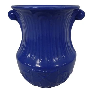 Vintage Pottery Blue 7" Ceramic Vase Art Deco Mid Century 2 Handles Bow - Picture 1 of 15