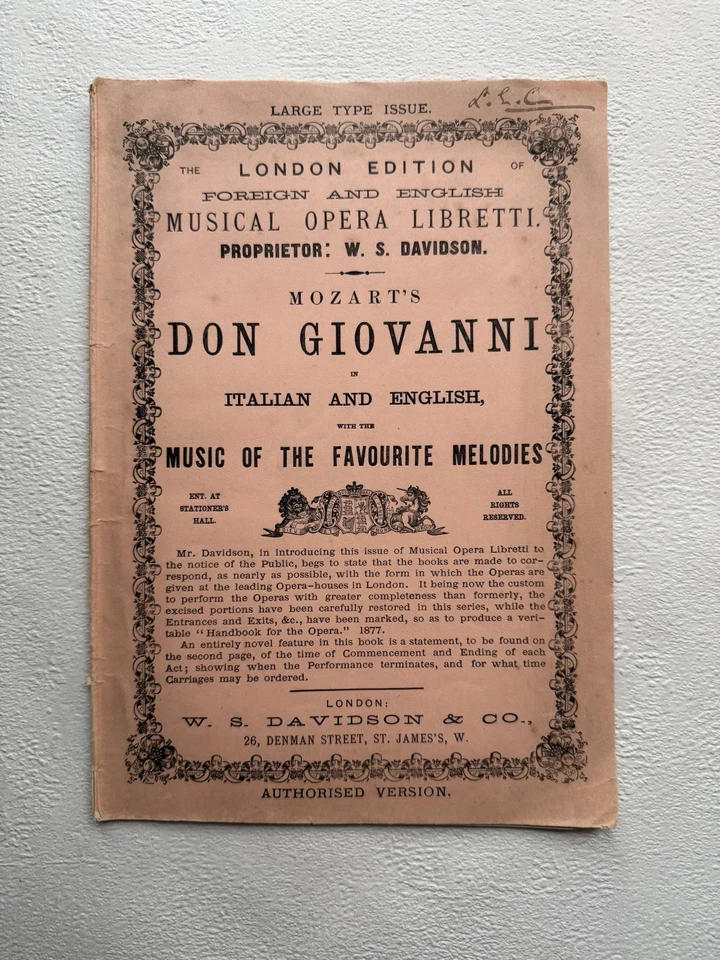 Mozart Don Giovanni Opera Libretto c1877 W S Davidson London Italy English Rare - Image 1 of 4