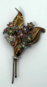 VTG STERLING SILVER VERMEIL MULTICOLOR RHINESTONE FLOWER BOUQUET BROOCH - Picture 1 of 6