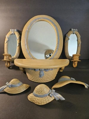 7 PC Set Burwood Home Interior Wicker Brown W/Blue Ribbon Wall Mount Cottagecore - Image 1 of 4