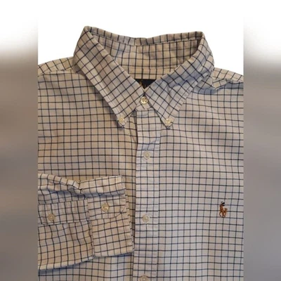 Рубашка мужская Ralph Lauren размер XL белая синяя клетчатая приталенная эластичная оксфордская опрятная - Изображение 1 из 4