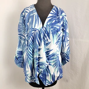 Camicia donna aperta Chico's blu stampa palma lino tropicale taglia 2 media - Foto 1 di 5
