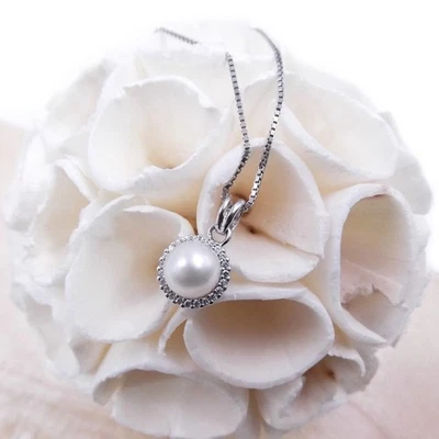 Collana Donna Argento 925 con Perla Naturale e Zirconi Girocollo Elegante Regalo - Immagine 1 di 4