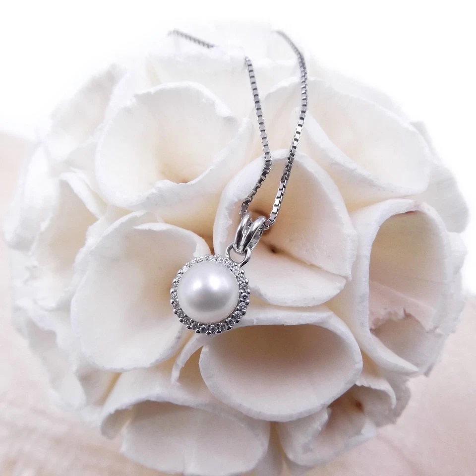 Collana Donna Argento 925 con Perla Naturale e Zirconi Girocollo Elegante Regalo - Immagine 1 di 4