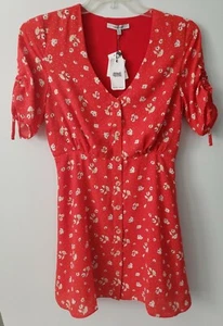 Naked Zebra Red Floral Print Ruched Sleeve Casual Lined Sundress Sz Small NWT - Picture 1 of 6