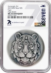 7k metalli centangolo arte tigre NGC MS70 altorilievo 2 oz .999 2021 Niue Mint 500! - Foto 1 di 3