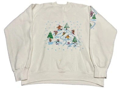 Sudadera Vintage Navidad Osos Esquí Pullover Blanco Cuello Redondo L C6 Foto 1 de 4