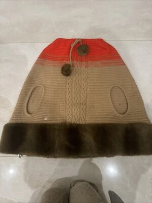 Little Miss 匹配毛衣披肩棕褐色和红色长袍电缆针织尺寸 L/XL 皮草装饰 — 第 1/3 张图片