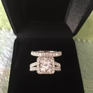 3Ct White Princess Cut CZ Square Halo Wedding Ring Set Solid 925 Sterling Silver - Picture 1 of 7