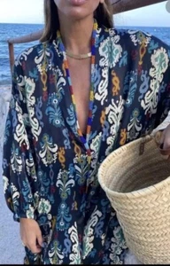 ZARA donna NUOVO KIMONO STAMPATO CON PERLINE BLU NAVY taglia M blogger fav manca cintura - Foto 1 di 16