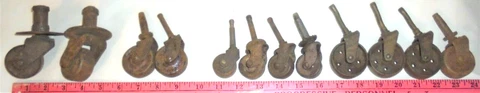 LOT, 12 ANTIQUE ARCHITECTURAL SALVAGE CASTORS -RUSTY STEEL WHEELS - STEAMPUNK Cover