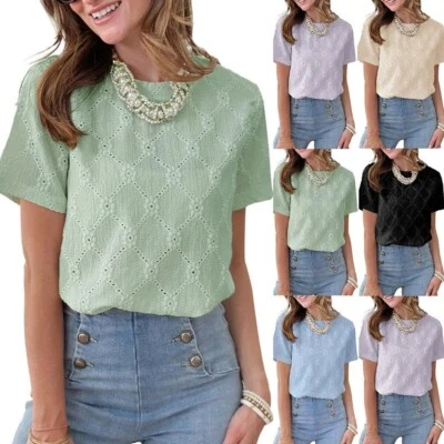women's top eyelet blouse summer t-shirt casual short sleeve boho soft feminine - Image 1 of 4