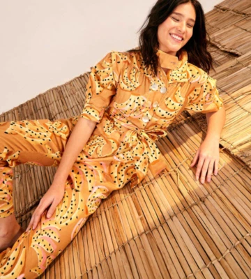NWT ANTHROPOLOGIE FARM RIO SzM RAINING BANANAS PUFF SLEEVES BELTED JUMPSUIT MULT - Image 1 of 4