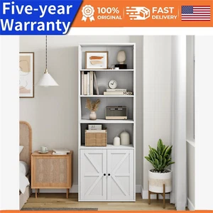 6Shelf Tall Bookshelf Farmhouse Bookcase w/Doors Display Storage Shelves Wooden - Picture 1 of 11