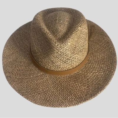 Woven Sun Hat Brown Wide Rim Hat Band Panama Beach Spring Summer - Image 1 of 4