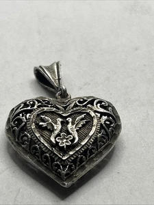 Colgante Corazón Hinchado Filigrana 2 Palomas Plata de Ley 925 De Colección - Imagen 1 de 7