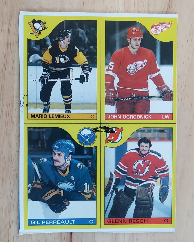Parte inferior de la caja de hockey Topps 1985-86 sin cortar Mario Lemieux Gilbert Perreault Foto 1 de 2