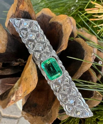 Art Deco Platinum & Gold 3.68ctw GIA Colombian Emerald Diamond Bar Pin Brooch - Image 1 of 4