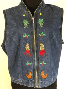 Khaki Rose Women's Denim Vest Blue Size 1X Full Zip V Neck SW Christmas - Picture 1 of 8