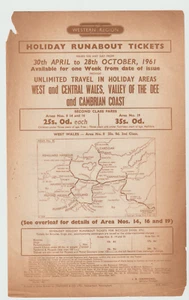 BR handbill Holiday Runabout Tickets WEST & CENTRAL WALES, DEE VALLEY etc 1961 - Picture 1 of 2