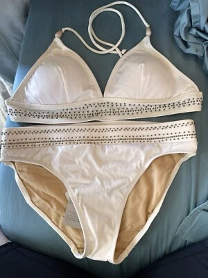 Maiô Spiegel Swim tamanho 8 creme 2 peças miçangas biquíni halter top almofadas removíveis LEIA - Imagem 1 de 4